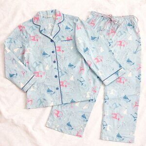 Delicates Flannel Cat Pajama Set XL VTG Light Blue Cozy Cotton Sleepwear Lounge